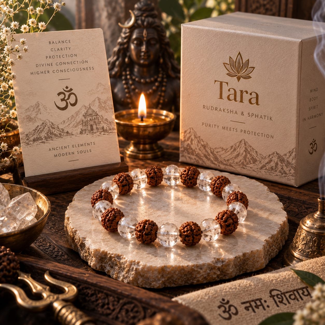 Energized Rudraksha & Clear Quartz (Sphatik) Bracelet